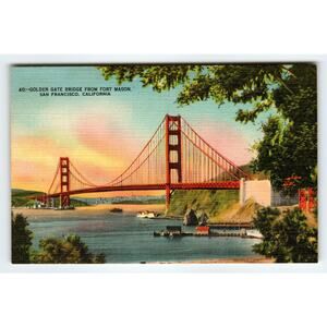 Vintage Linen Postcard Golden Gate Bridge from Fort Mason San Francisco